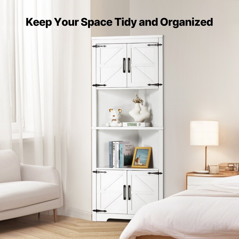 VEVOR 68" Corner Storage Cabinet with 4 Wooden Doors & Adjustable Shelves White