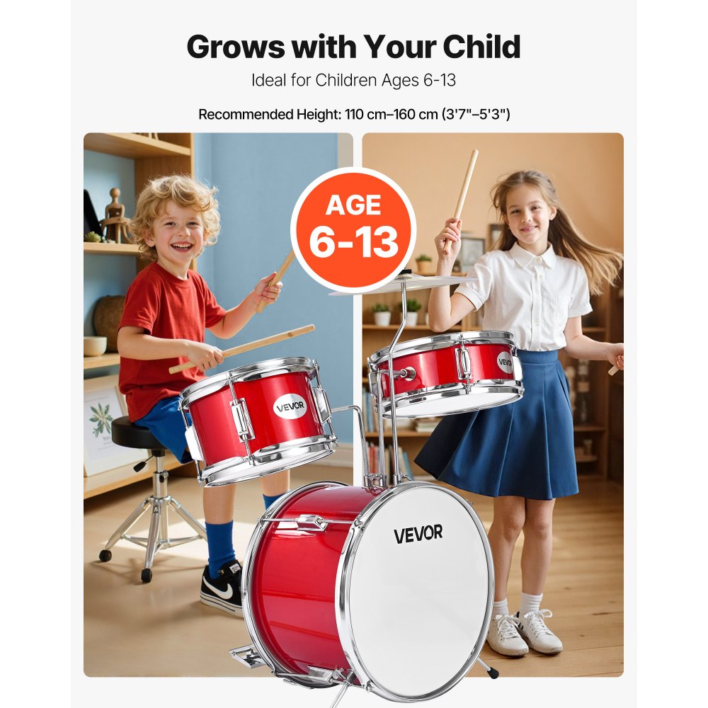 VEVOR Kids Drum Set 3-Piece Beginner Drum Kit with 355.6 mm Bass Drum (Red)