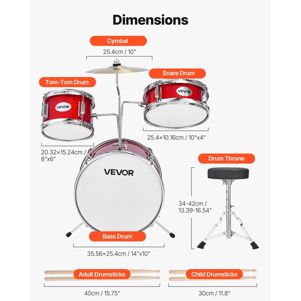 VEVOR Kids Drum Set 3-Piece Beginner Drum Kit with 355.6 mm Bass Drum (Red)