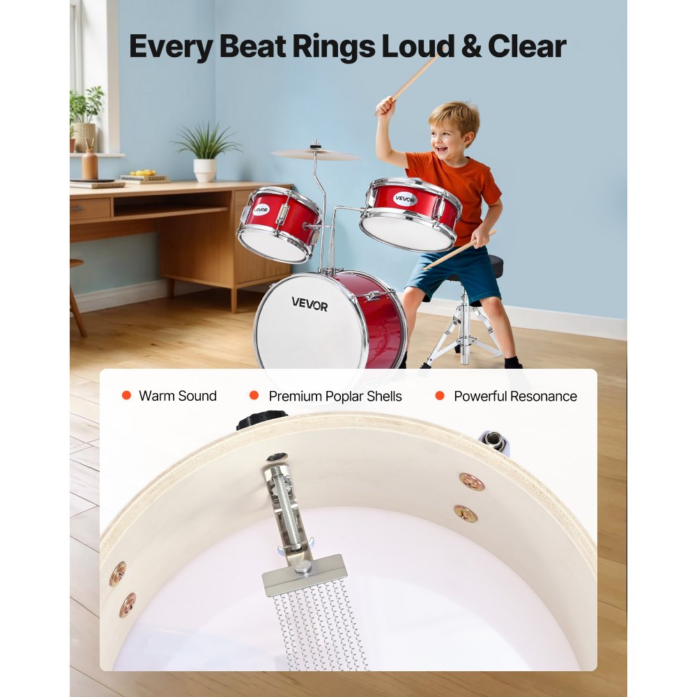 VEVOR Kids Drum Set 3-Piece Beginner Drum Kit with 355.6 mm Bass Drum (Red)