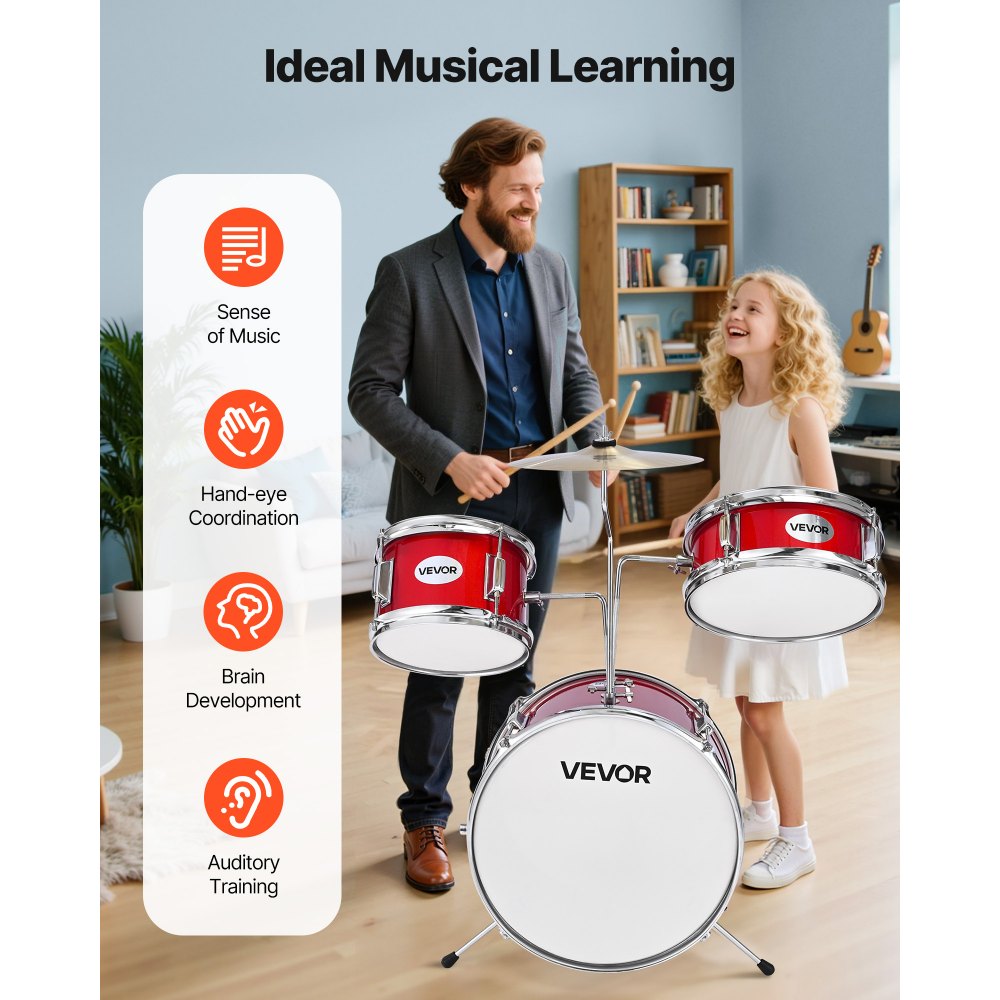 VEVOR Kids Drum Set 3-Piece Beginner Drum Kit with 355.6 mm Bass Drum (Red)