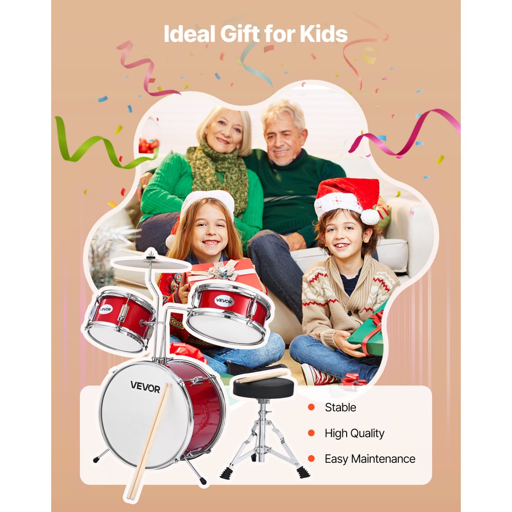VEVOR Kids Drum Set 3-Piece Beginner Drum Kit with 355.6 mm Bass Drum (Red)