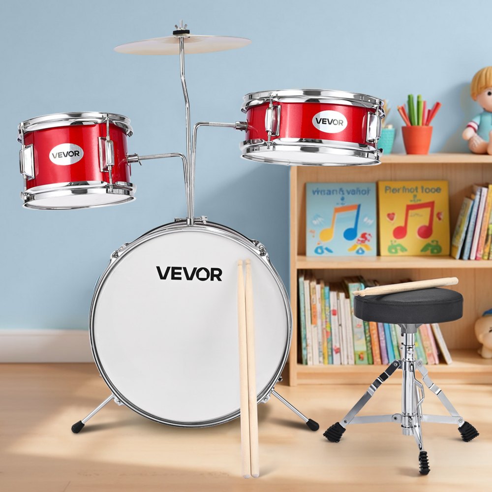 VEVOR Kids Drum Set 3-Piece Beginner Drum Kit with 355.6 mm Bass Drum (Red)