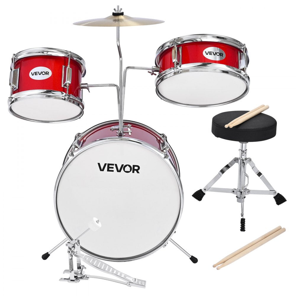 VEVOR Kids Drum Set 3-Piece Beginner Drum Kit with 355.6 mm Bass Drum (Red)
