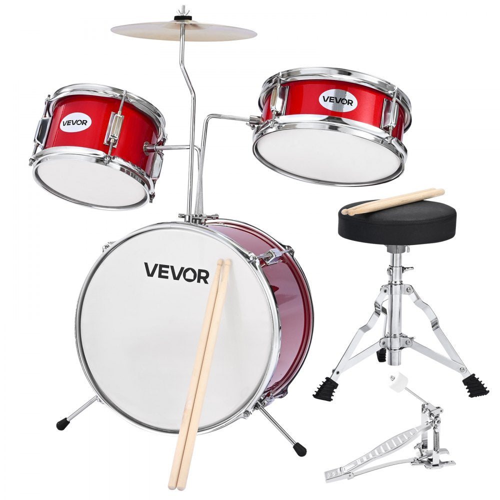 VEVOR Kids Drum Set 3-Piece Beginner Drum Kit with 355.6 mm Bass Drum (Red)