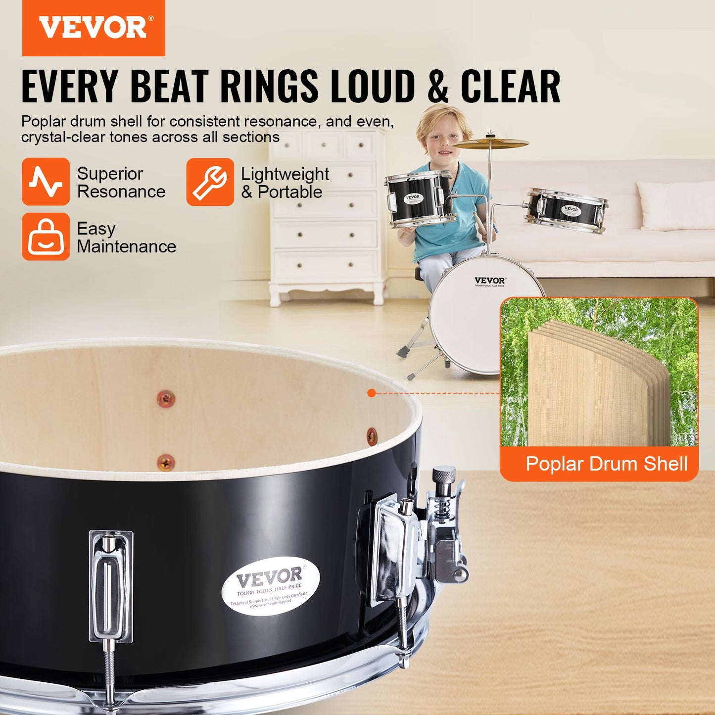 VEVOR Kids Drum Set, 3-Piece, 355.6 mm Beginner Drum Set with Adjustable Throne