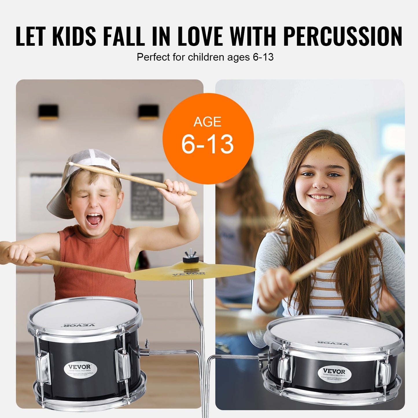 VEVOR Kids Drum Set, 3-Piece, 355.6 mm Beginner Drum Set with Adjustable Throne