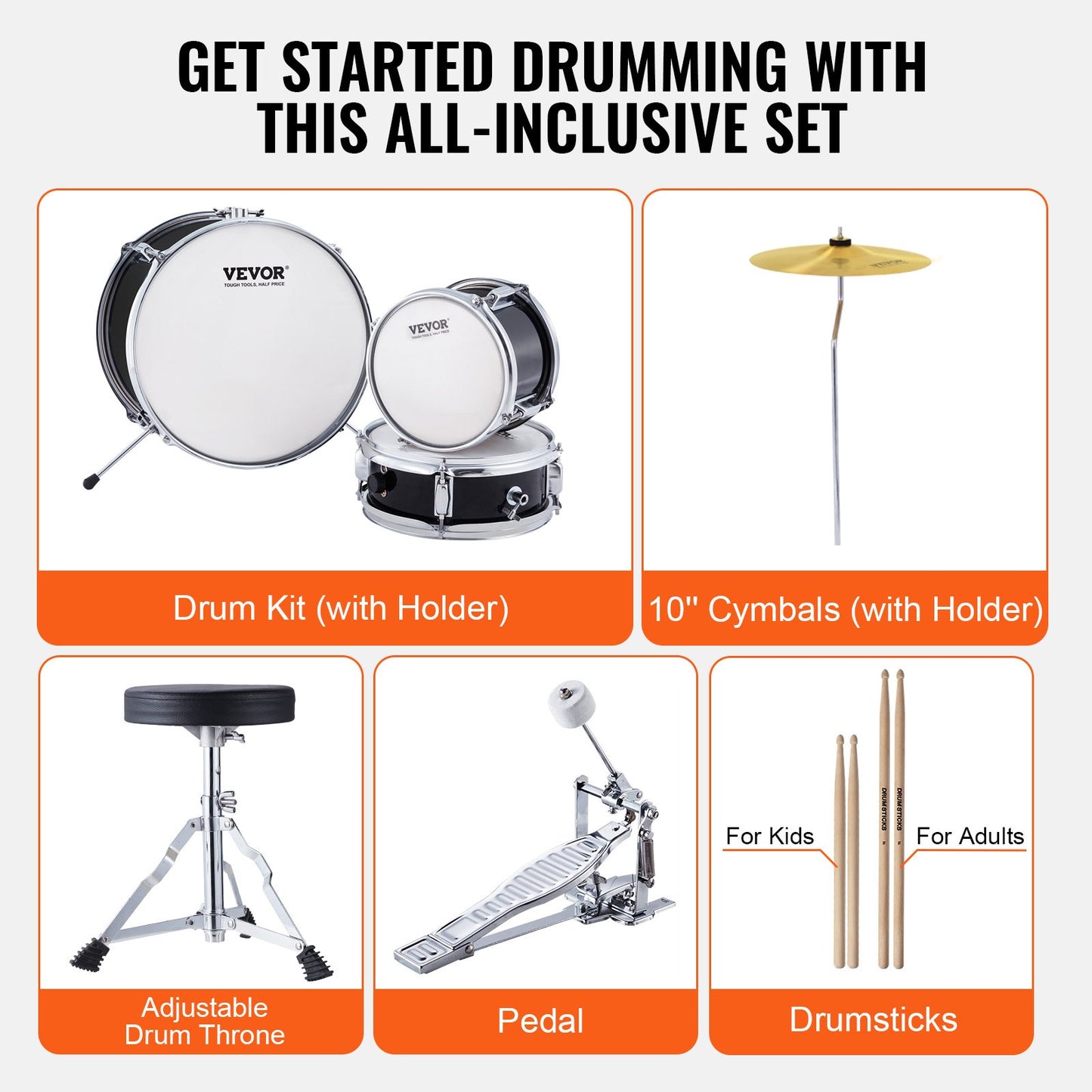 VEVOR Kids Drum Set, 3-Piece, 355.6 mm Beginner Drum Set with Adjustable Throne