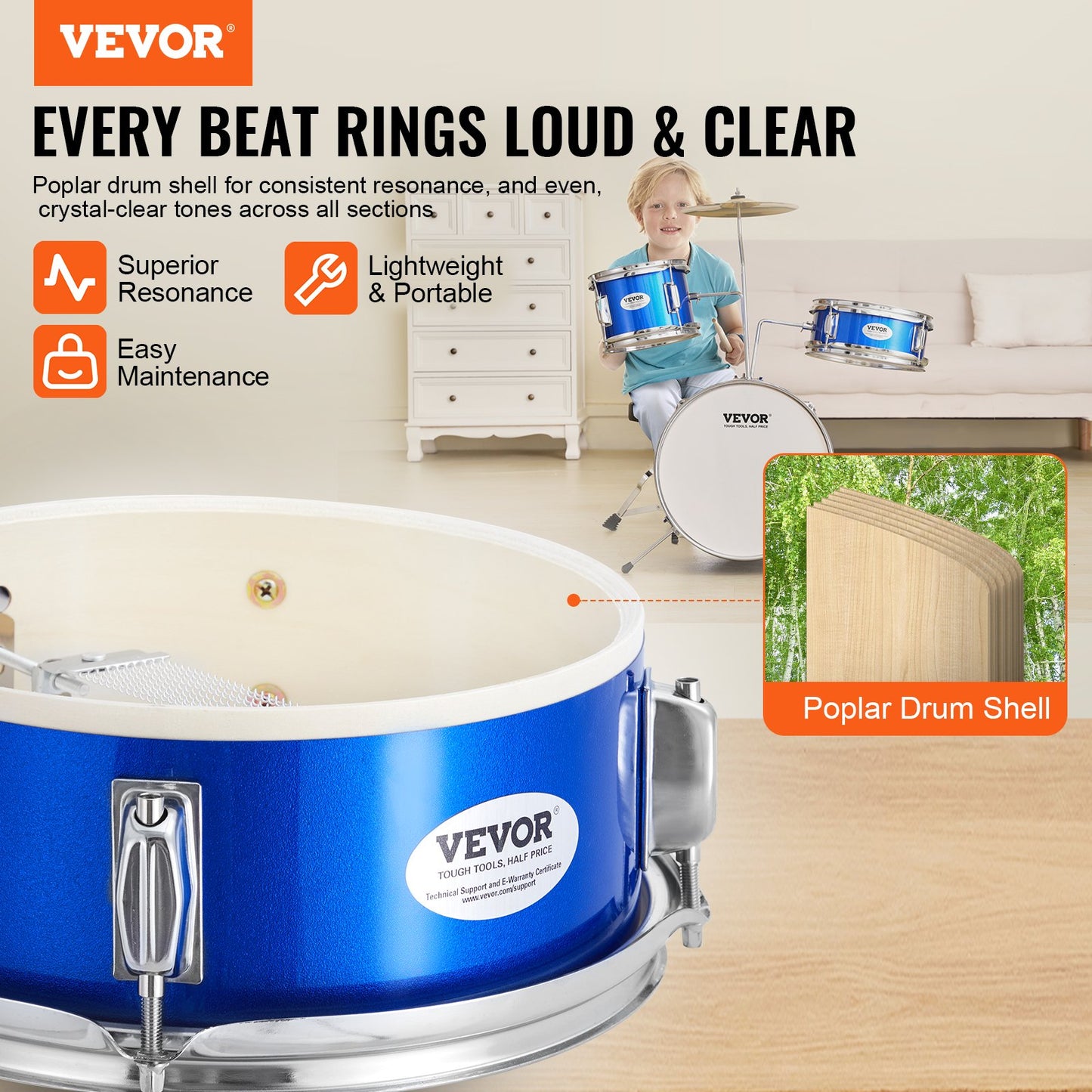 VEVOR Kids Drum Set, 3-Piece, 355.6 mm Beginner Drum Set with Adjustable Throne