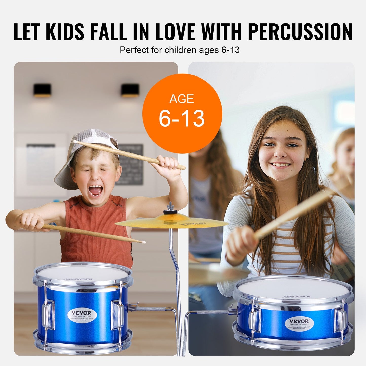 VEVOR Kids Drum Set, 3-Piece, 355.6 mm Beginner Drum Set with Adjustable Throne