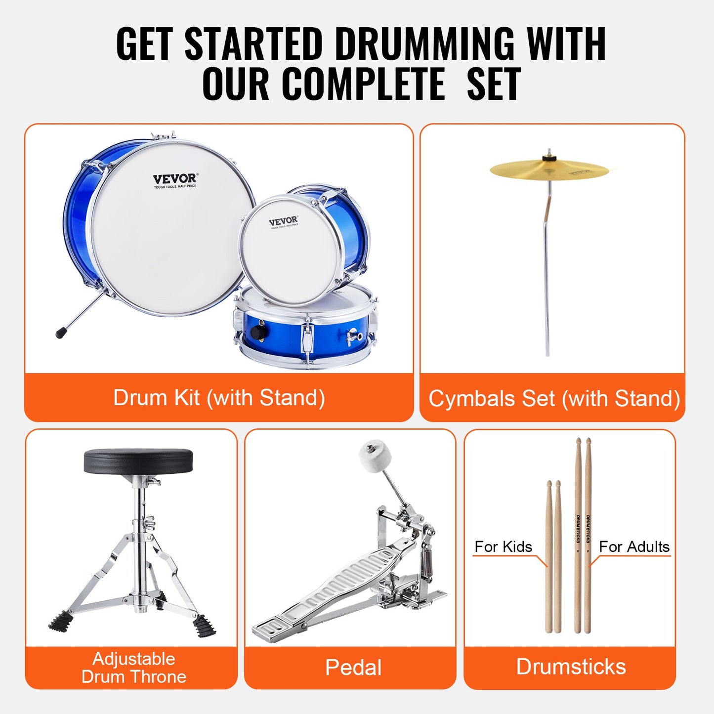 VEVOR Kids Drum Set, 3-Piece, 355.6 mm Beginner Drum Set with Adjustable Throne