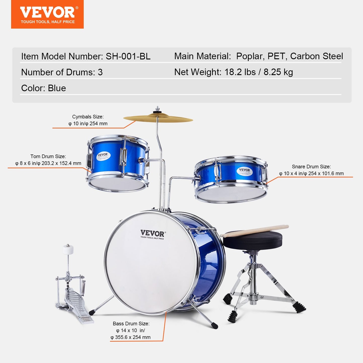 VEVOR Kids Drum Set, 3-Piece, 355.6 mm Beginner Drum Set with Adjustable Throne