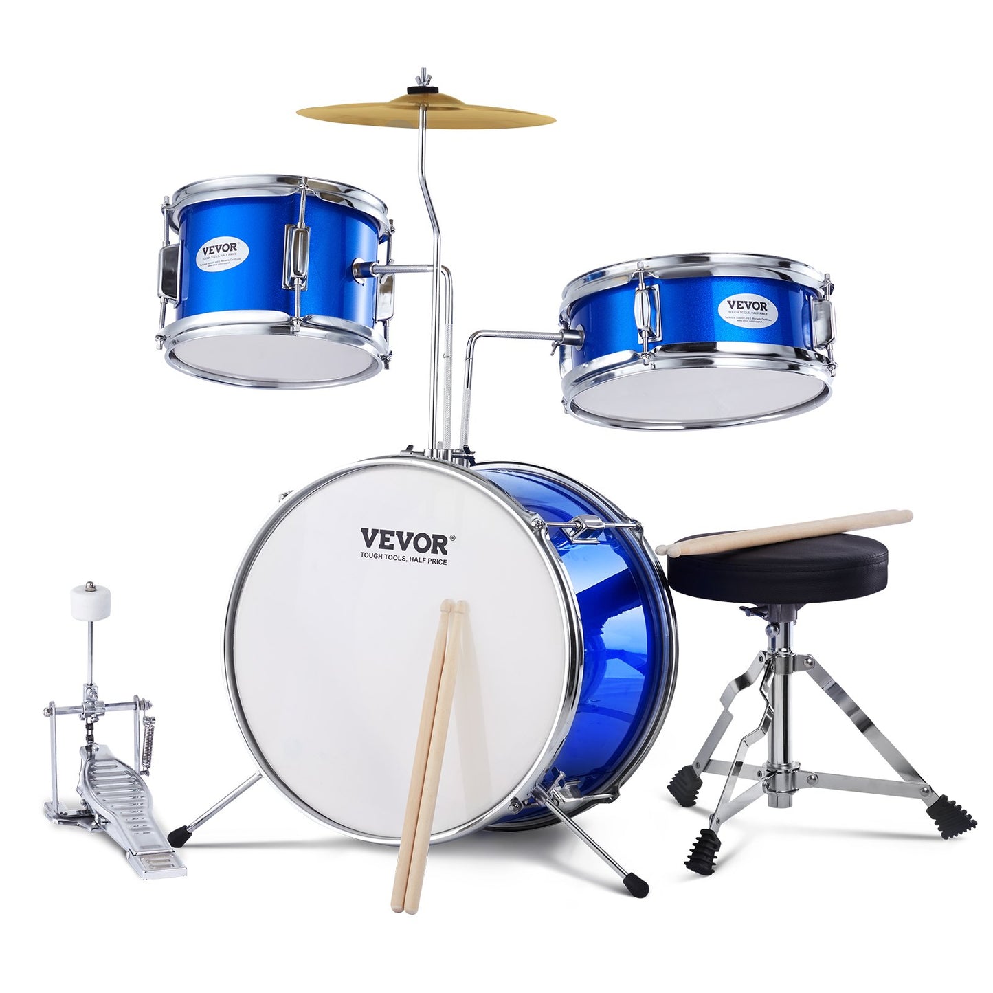 VEVOR Kids Drum Set, 3-Piece, 355.6 mm Beginner Drum Set with Adjustable Throne