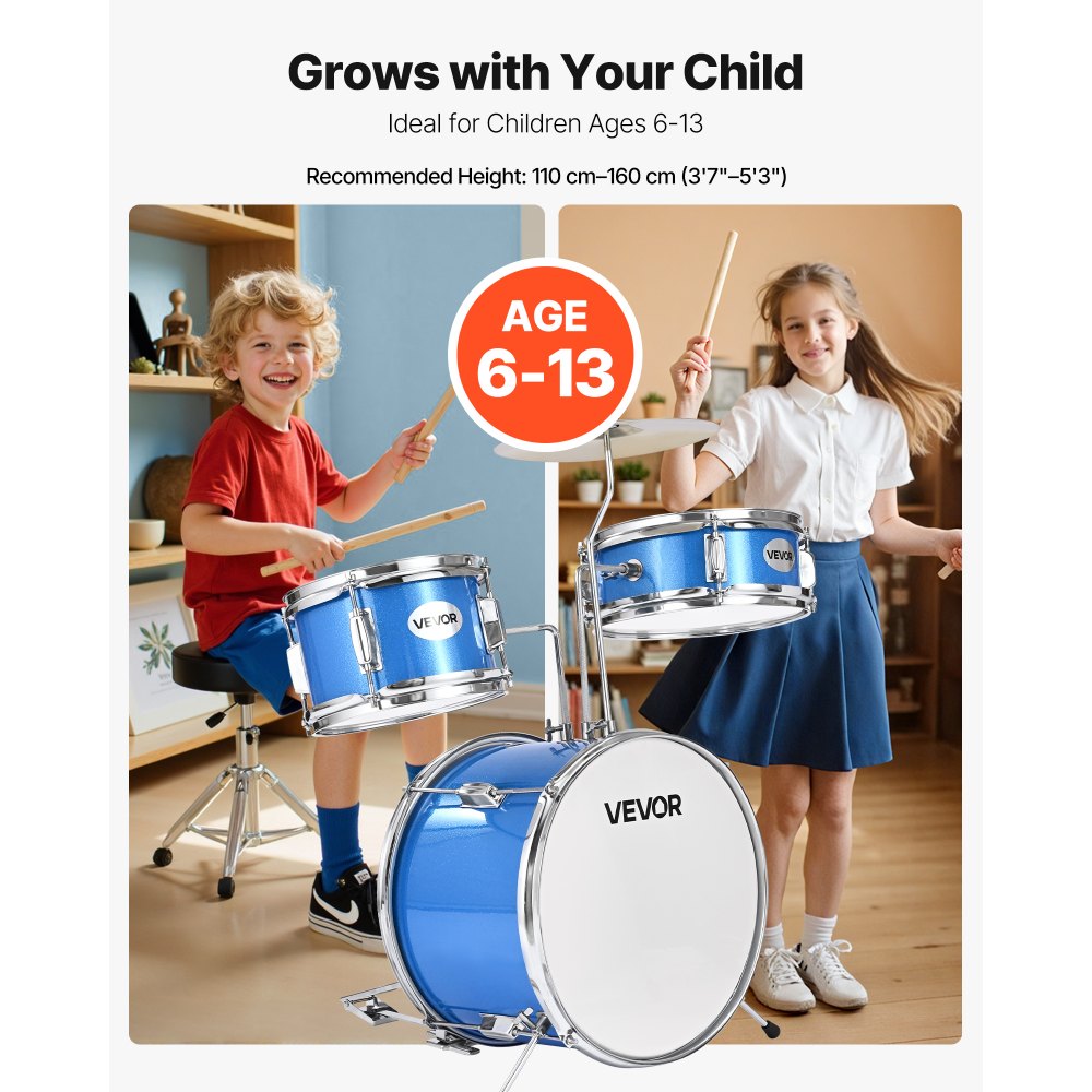 VEVOR Kids Drum Set 3-Piece Beginner Drum Kit with 355.6 mm Bass Drum (Blue)