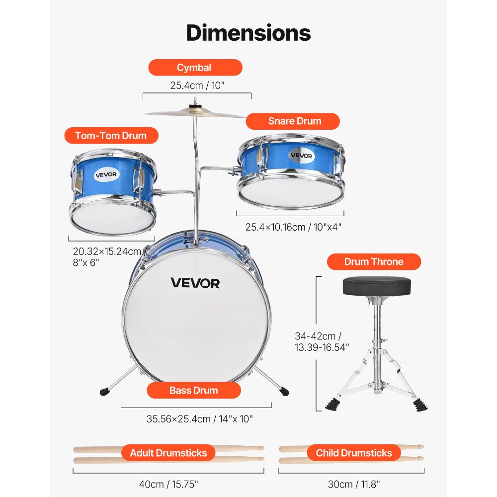 VEVOR Kids Drum Set 3-Piece Beginner Drum Kit with 355.6 mm Bass Drum (Blue)