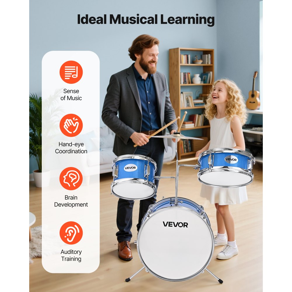 VEVOR Kids Drum Set 3-Piece Beginner Drum Kit with 355.6 mm Bass Drum (Blue)