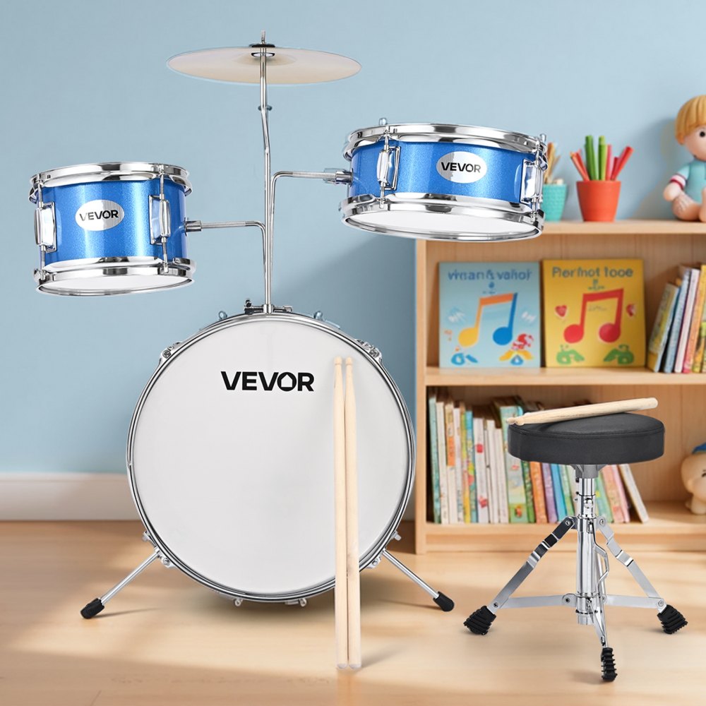 VEVOR Kids Drum Set 3-Piece Beginner Drum Kit with 355.6 mm Bass Drum (Blue)