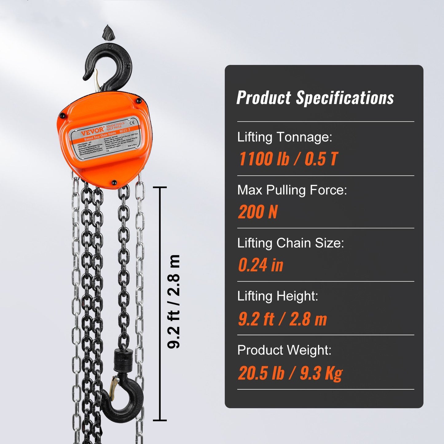 VEVOR Manual Chain Hoist, 1/2 Ton 1100 lbs Capacity 10 FT Come Along, G80 Galvanized