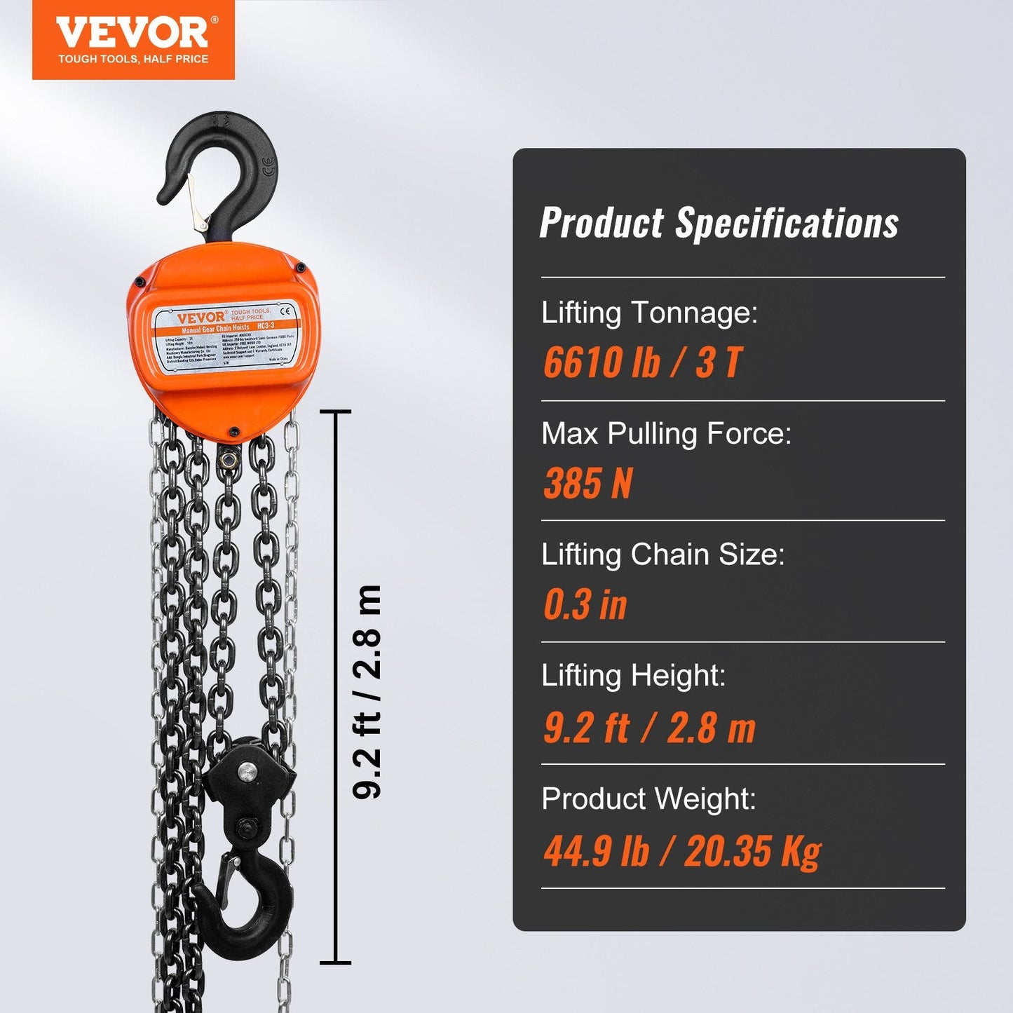 3-Ton Manual Chain Hoist, 2.8m Lift Capacity, Alloy Steel, Double-Pawl Brake