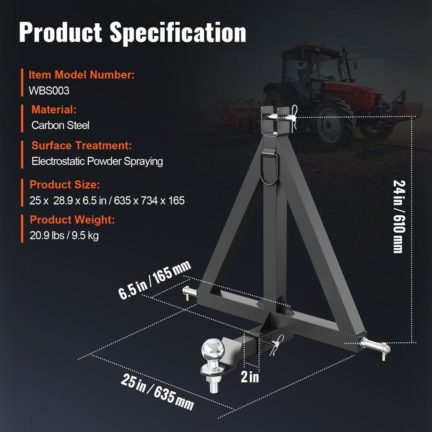 3-Point Tractor Hitch Receiver, Category 1 Tow Drawbar, Carbon Steel, 635mm