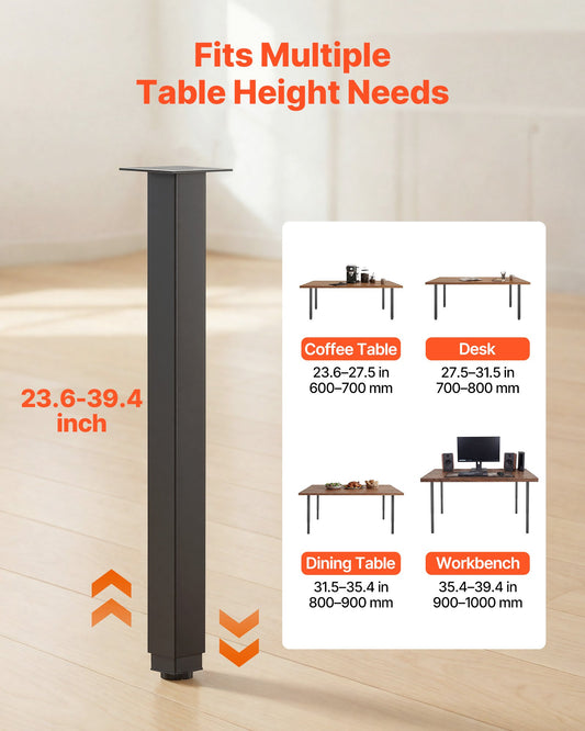 Adjustable Table Legs, 610-1016 mm Square Steel Furniture Legs, 544 kg Max Load Heavy Duty, Quick Installation, for Home Office Desk DIY, Coffee Dinner Bar Tables, Workbenches, 4 PCS, Black