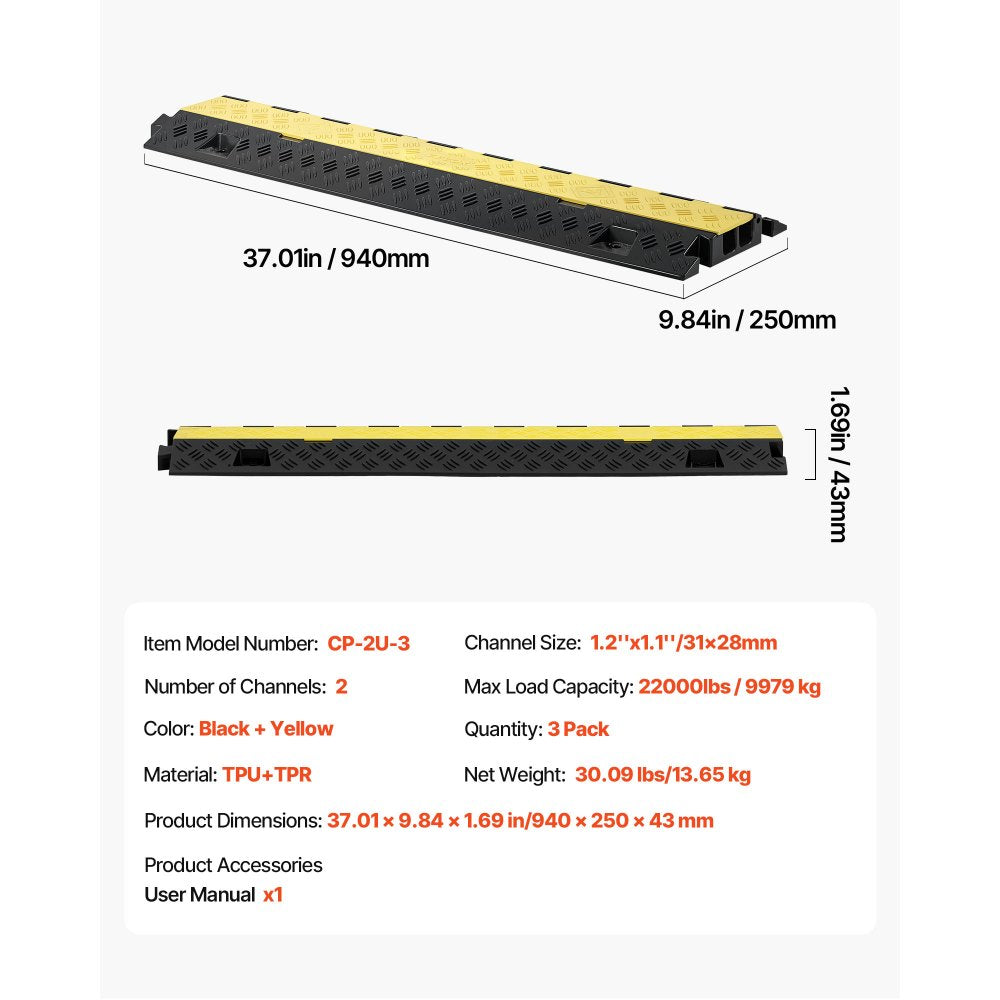 Cable Protector Ramp, 9,979 kg/axle Capacity, 2 Channel Heavy Duty TPU Cord Hose Wire Cover, 31 x 28 mm Channel, Traffic Speed Bump with Flip-Open Top Cover, for Indoor & Outdoor Use, 3 Pack