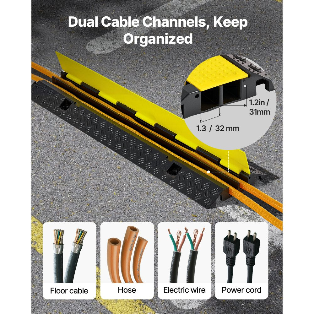 Cable Protector Ramp, 9,979 kg/axle Capacity, 2 Channel Heavy Duty Rubber Cord Hose Wire Cover, 32 x 31 mm Channel, Traffic Speed Bump with Flip-Open Top Cover, for Indoor Outdoor Use, 1 Pack