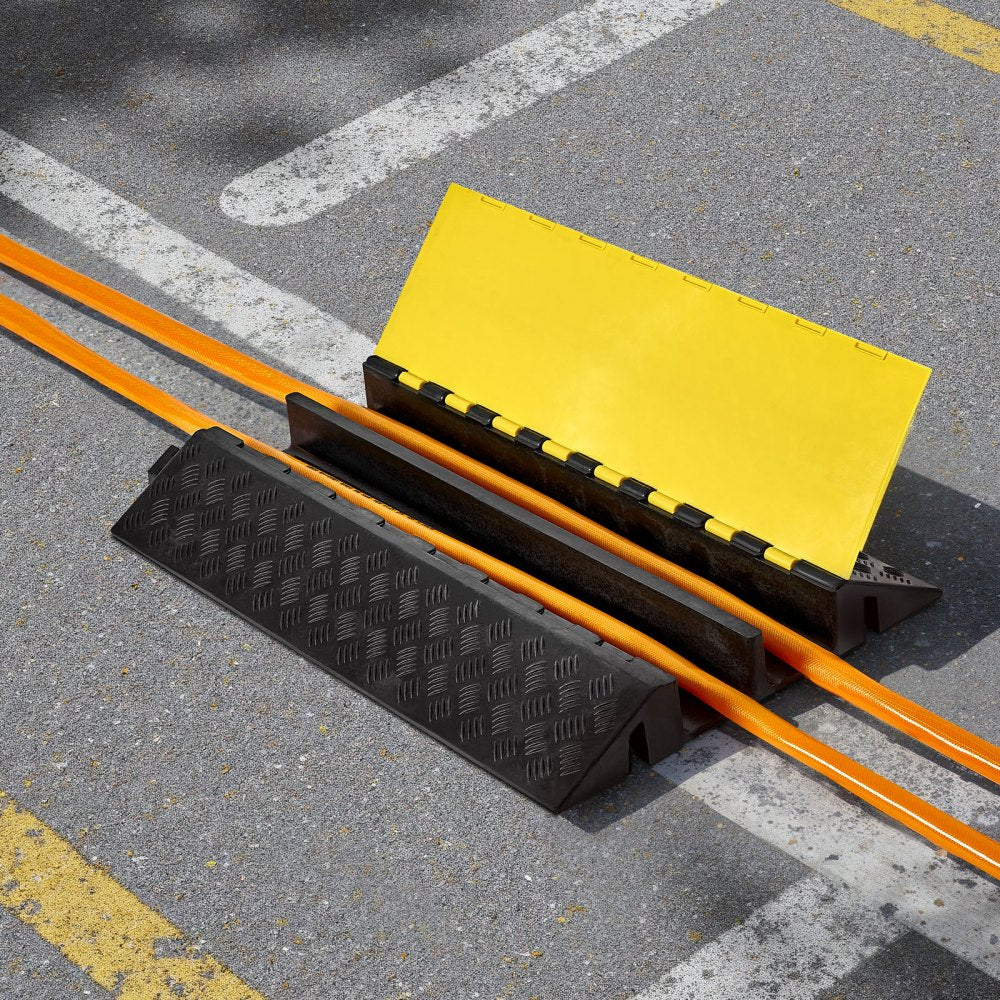 Cable Protector Ramp, 9,979 kg/axle Capacity, 2 Channel Heavy Duty Rubber Cord Hose Wire Cover, 100 x 75 mm Channel, Traffic Speed Bump with Flip-Open Top Cover, for Indoor Outdoor Use, 1 Pack