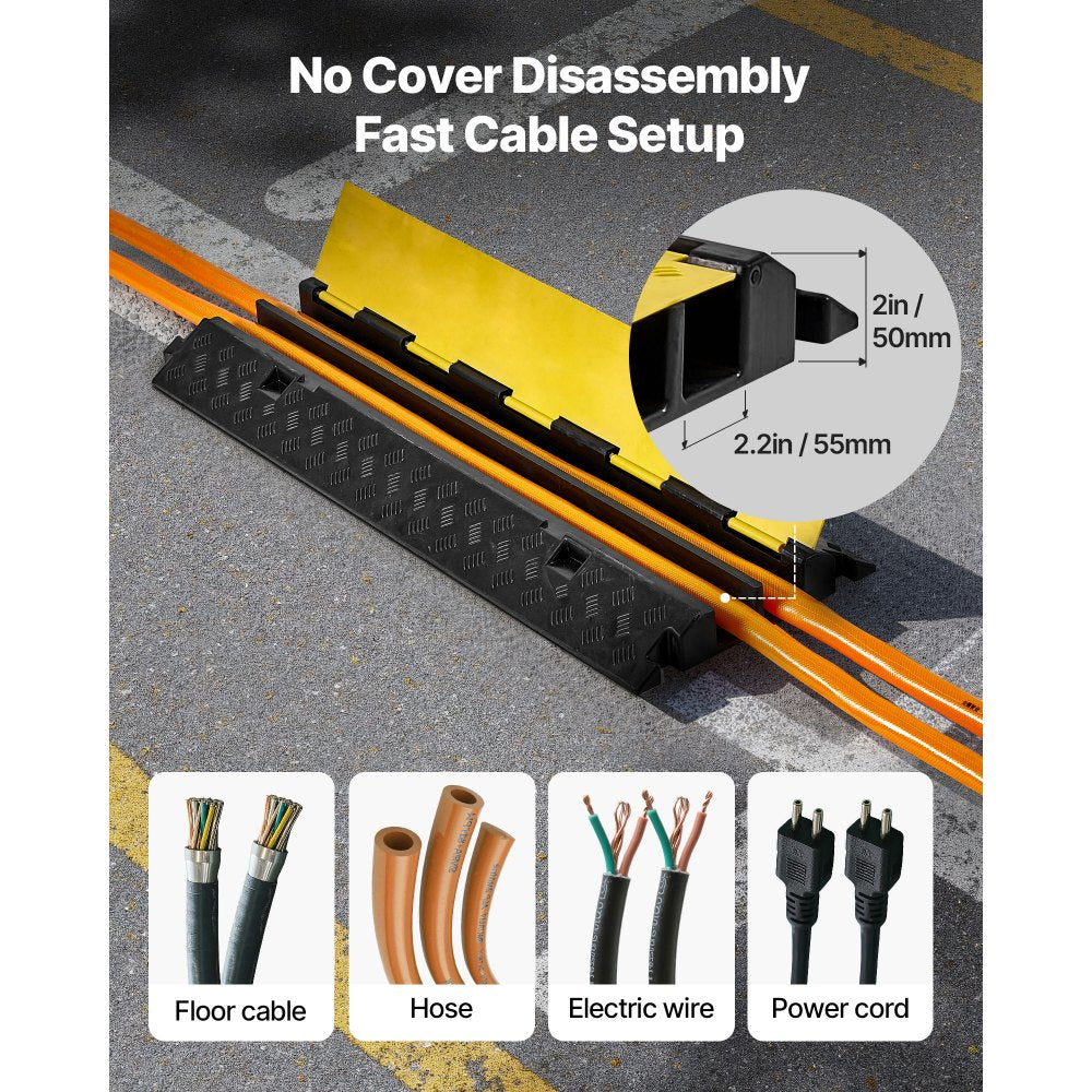 Cable Protector Ramp, 9,979 kg/axle Capacity, 2 Channel Heavy Duty Rubber Cord Hose Wire Cover, 55 x 50 mm Channel, Traffic Speed Bump with Flip-Open Top Cover, for Indoor Outdoor Use, 1 Pack