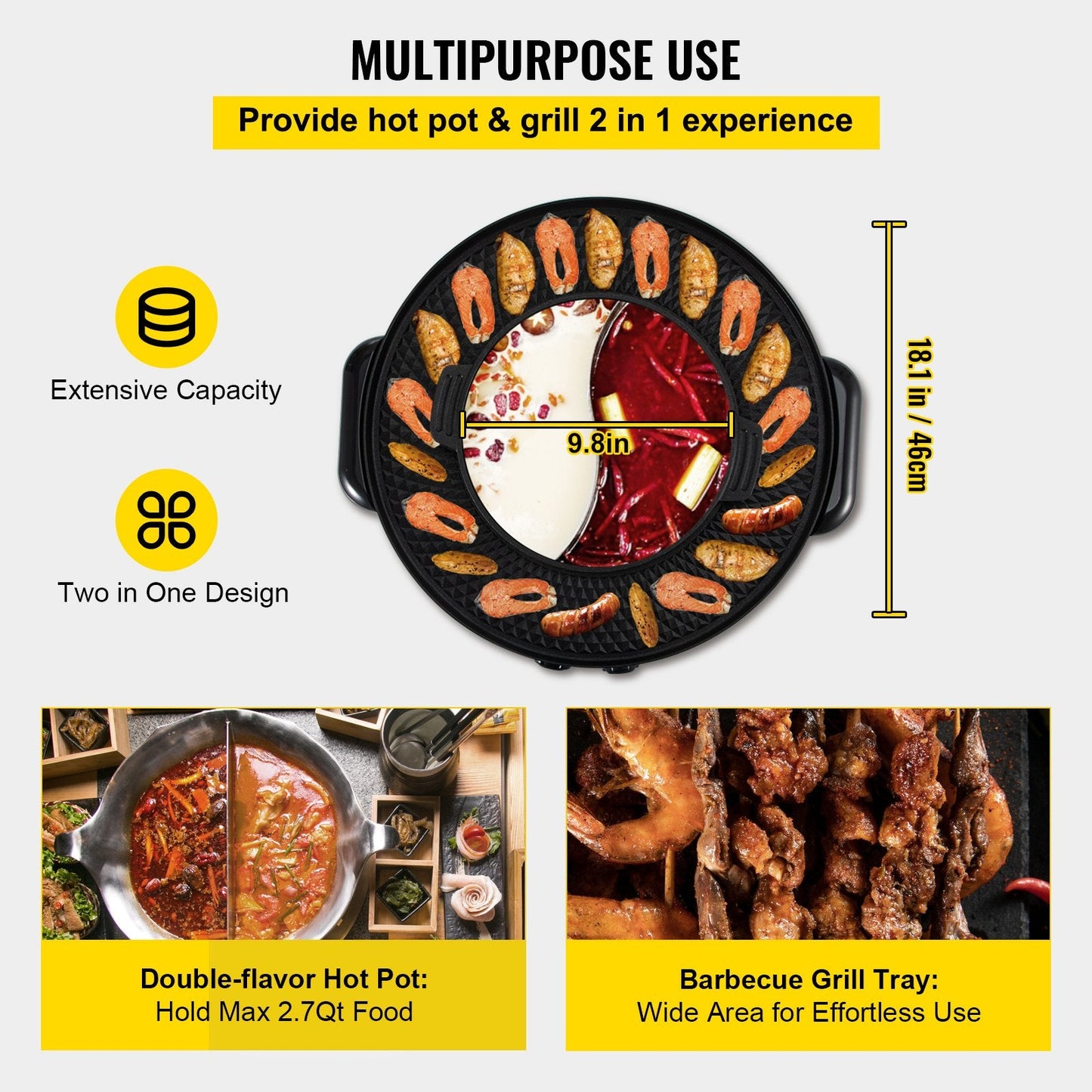 2-in-1 Electric BBQ Grill & Hot Pot with Dual Temperature Control, 5.2 kg
