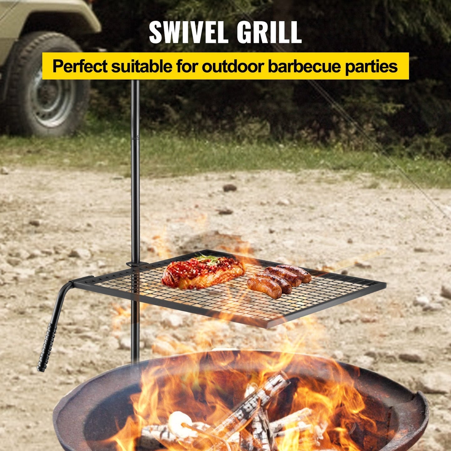 Heavy Duty Campfire Swivel Grill, 0.61m x 0.61m, with 1.53m Pole for BBQ