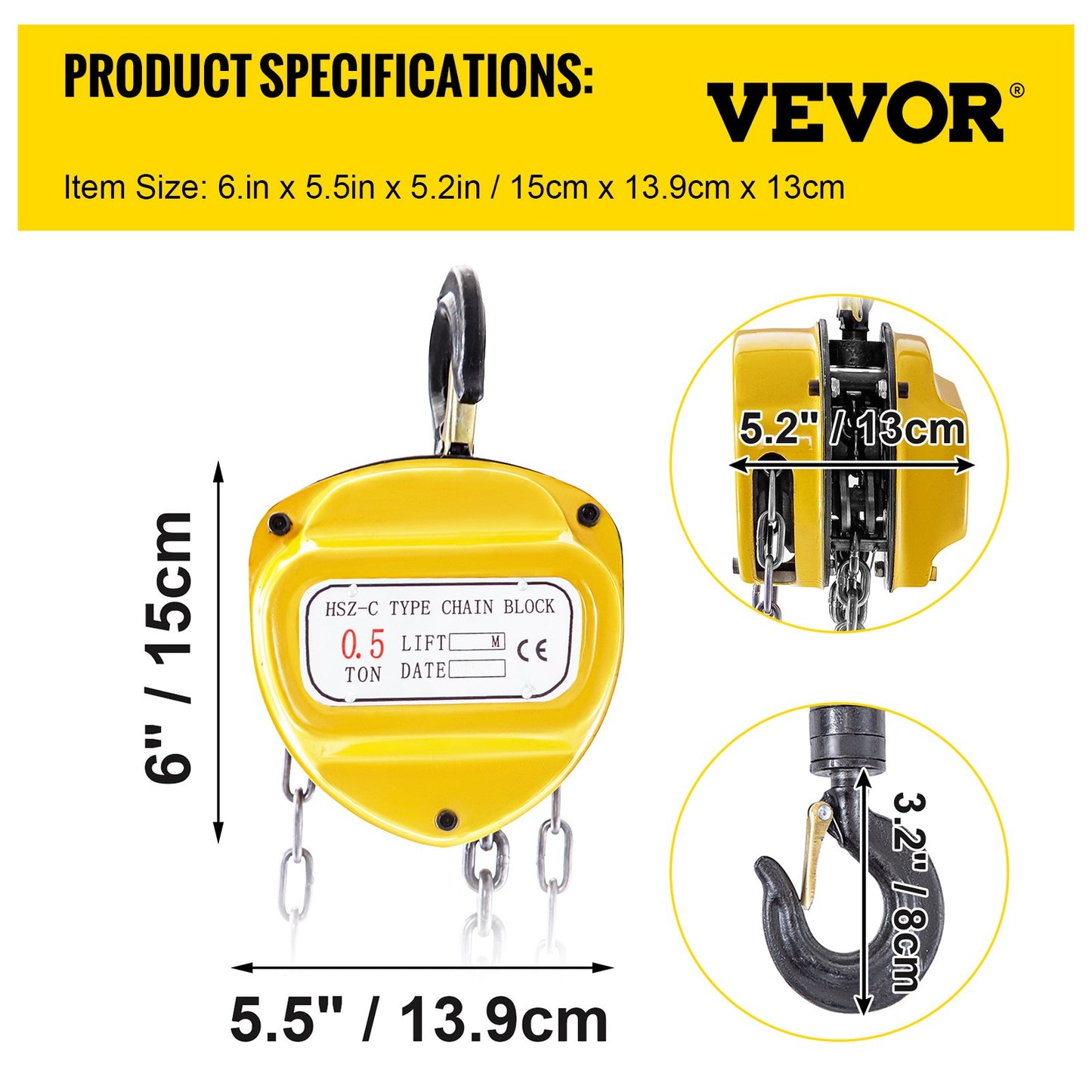VEVOR Chain Hoist 1100lbs/0.5ton, Chain Block Hoist Manual Chain Hoist 10ft/3m Block