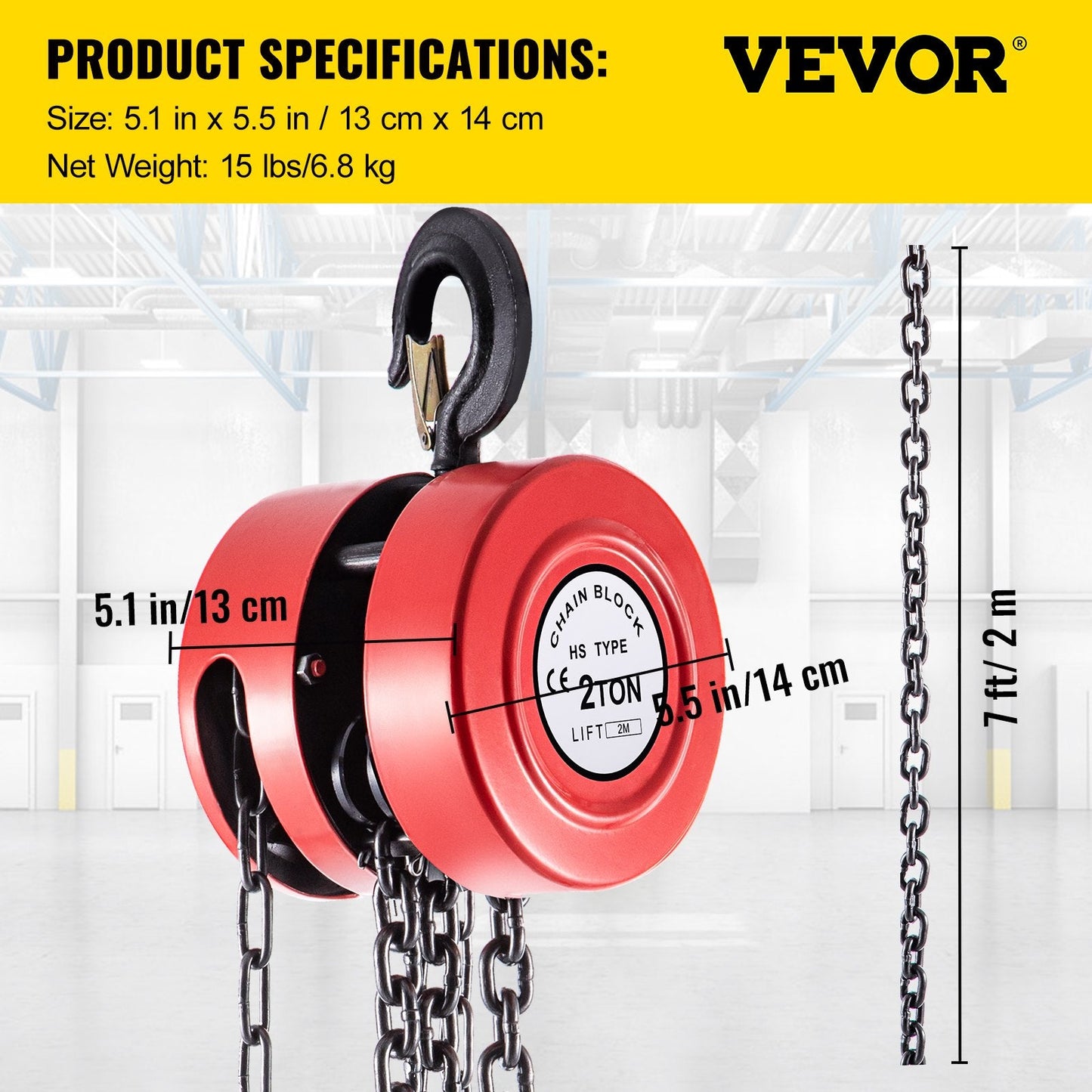 2 Ton Chain Hoist, 2 Meter Lift, Steel, Red - Durable & Reliable Construction