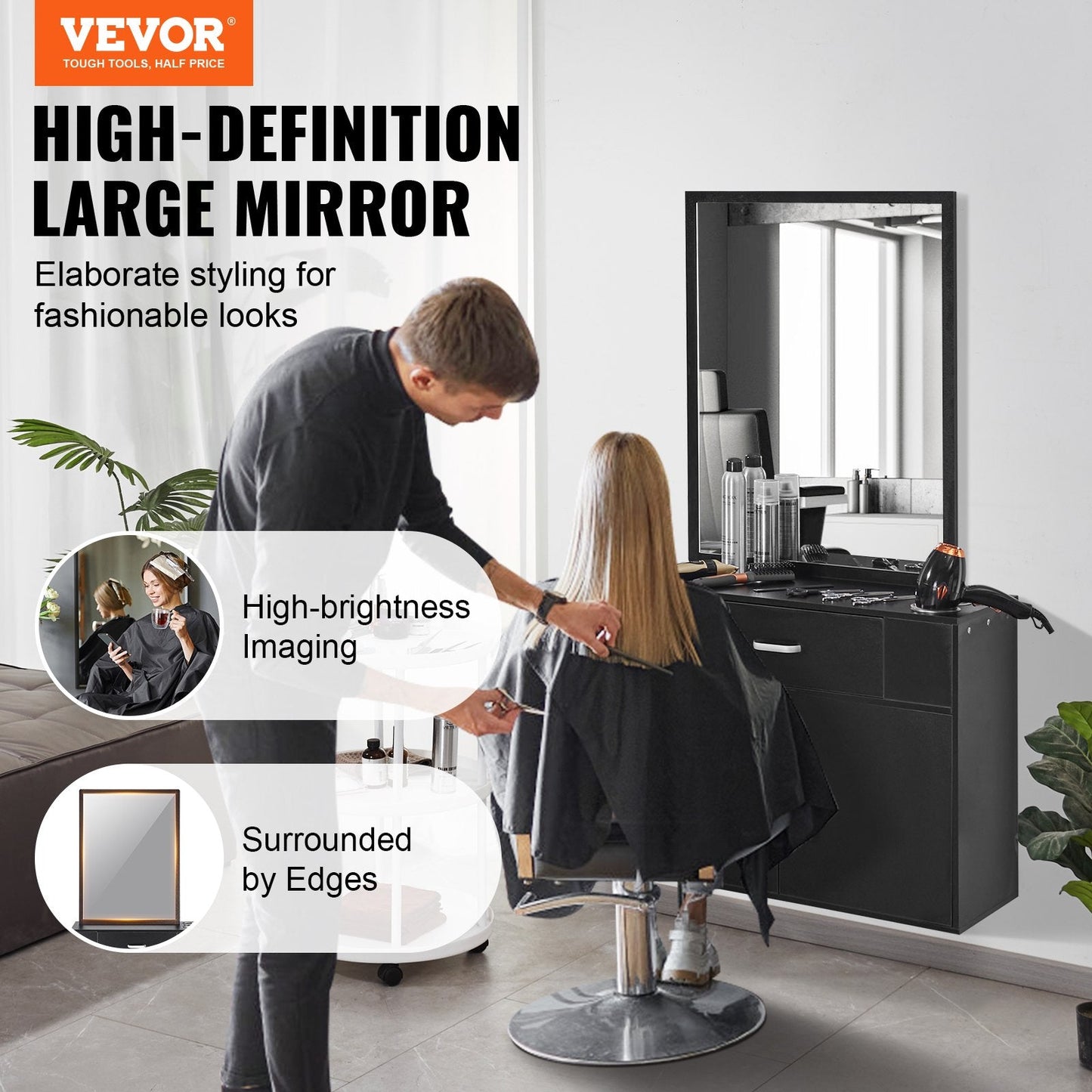 Wall-Mounted Salon Station with Mirror and Storage, Matte Black, 75x30x140 cm