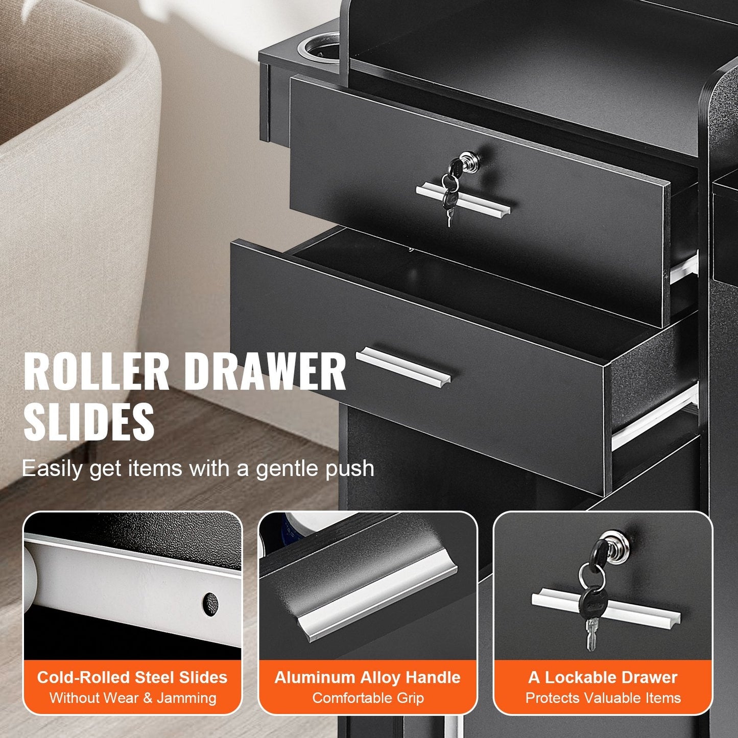 Black Salon Storage Cabinet with Lockable Drawers and Heat-Resistant Sleeves