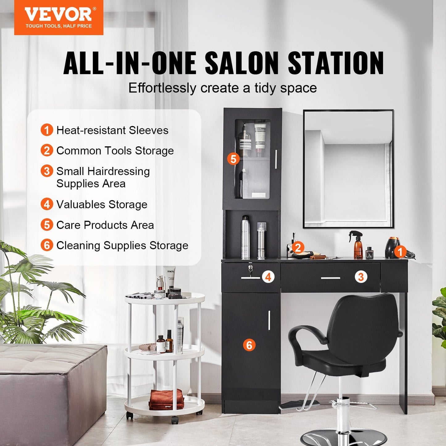Wall-Mounted Salon Station with Storage and Lockable Drawers, Matte Black