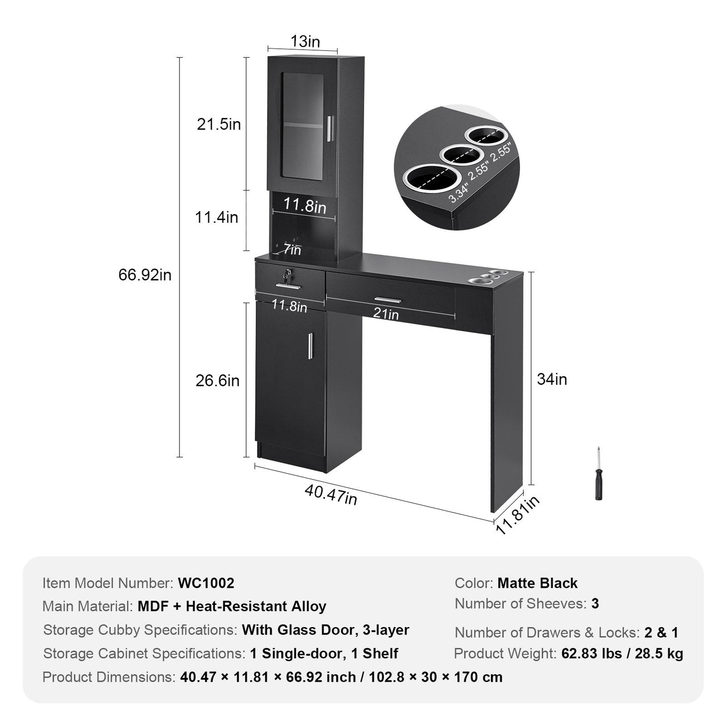 Wall-Mounted Salon Station with Storage and Lockable Drawers, Matte Black