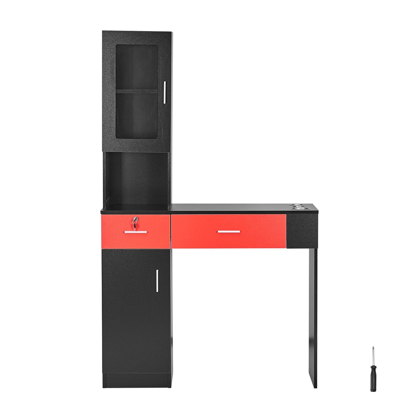Wall-Mounted Salon Station with Storage, Lockable Drawers, Black/Red, 170 cm
