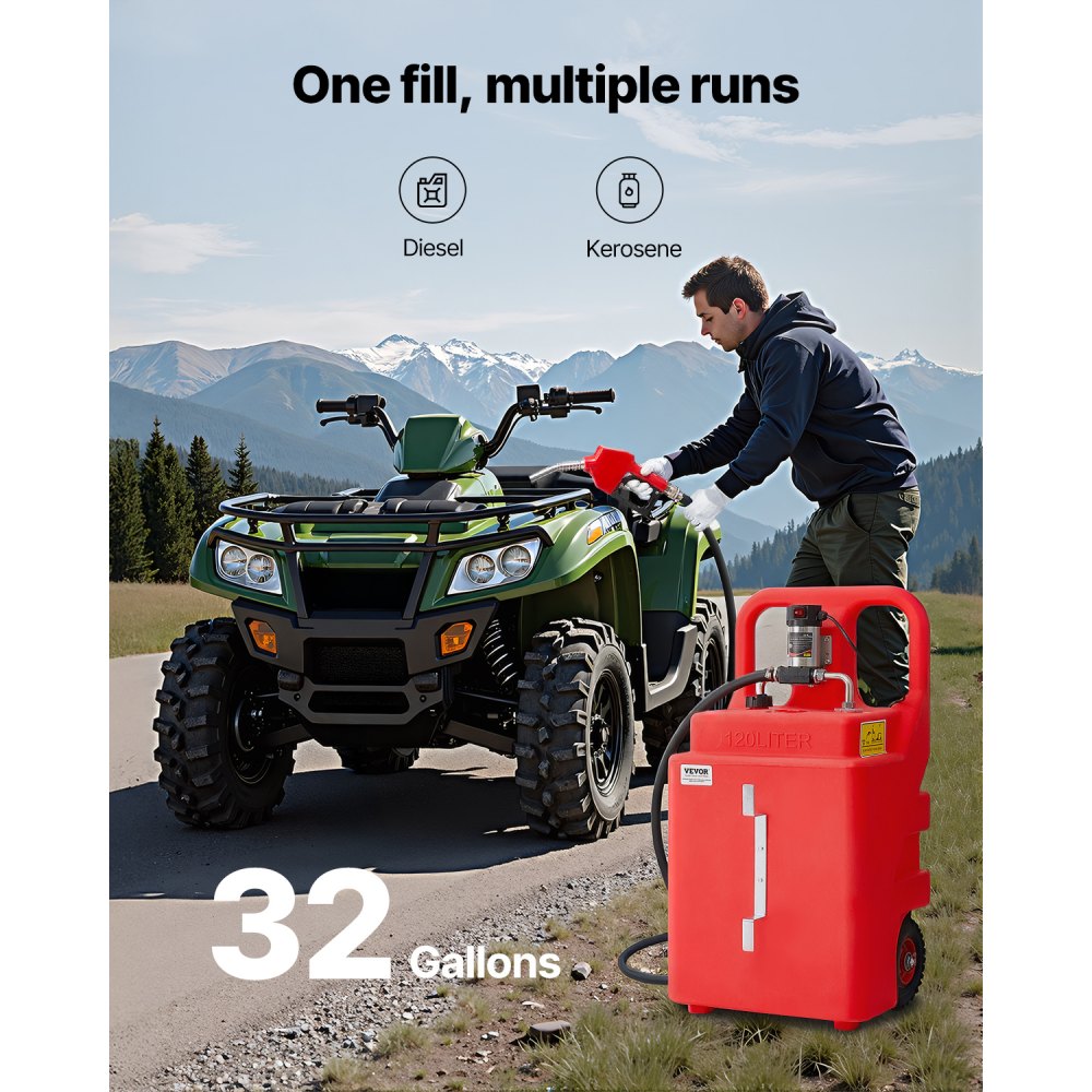 VEVOR Fuel Caddy 32 Gallon Portable Fuel Tank with 12V DC Electric Transfer Pump