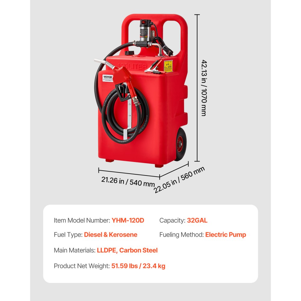 VEVOR Fuel Caddy 32 Gallon Portable Fuel Tank with 12V DC Electric Transfer Pump