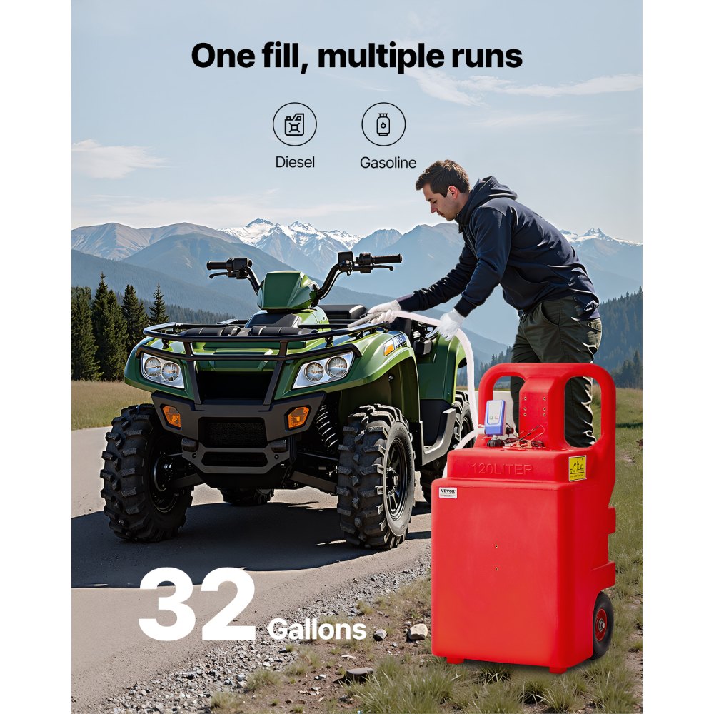 VEVOR Fuel Caddy 32 Gallon Fuel Tank with 12V DC 2.5 GPM Electric Transfer Pump