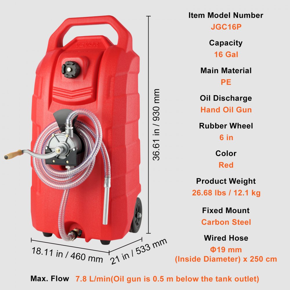 60.57L Fuel Caddy, 7.8 L/min, Portable Gas Storage Tank Container with Hand Pump Rubber Wheels, Fuel Transfer Storage Tank for Gasoline Diesel Machine Oil Car Mowers Tractor Boat Motorcycle