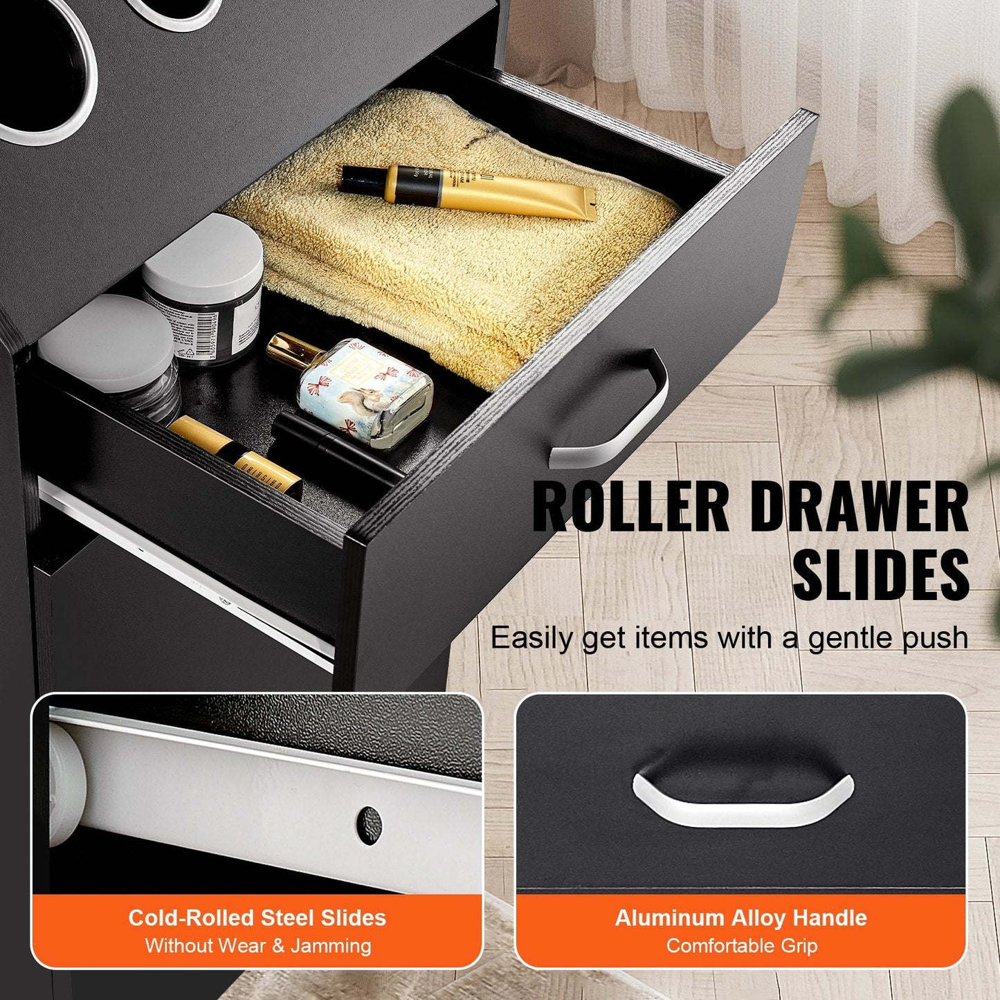 Black Salon Storage Cabinet with 3 Holders, Drawers & Heat-Resistant Sleeves