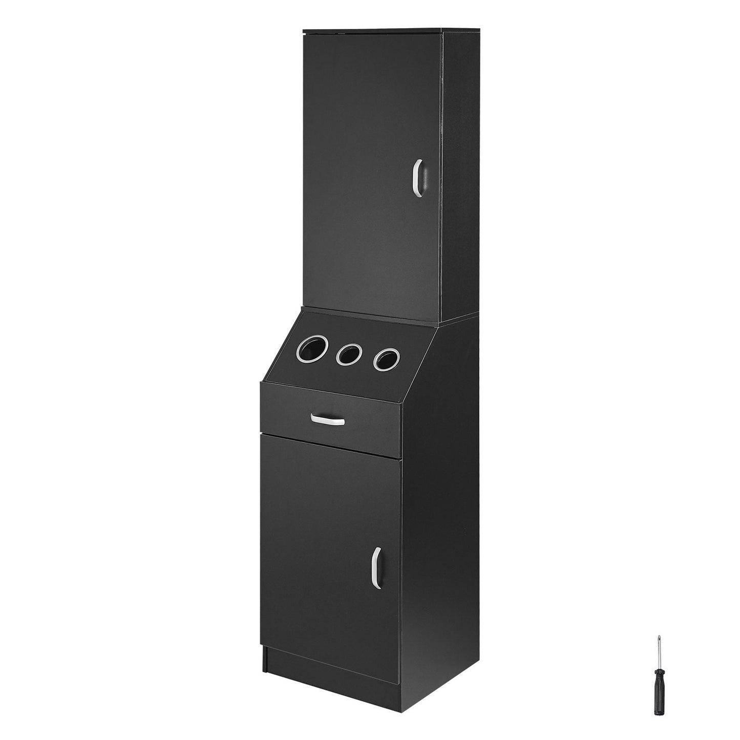 Black Salon Storage Cabinet with 3 Holders, Drawers & Heat-Resistant Sleeves