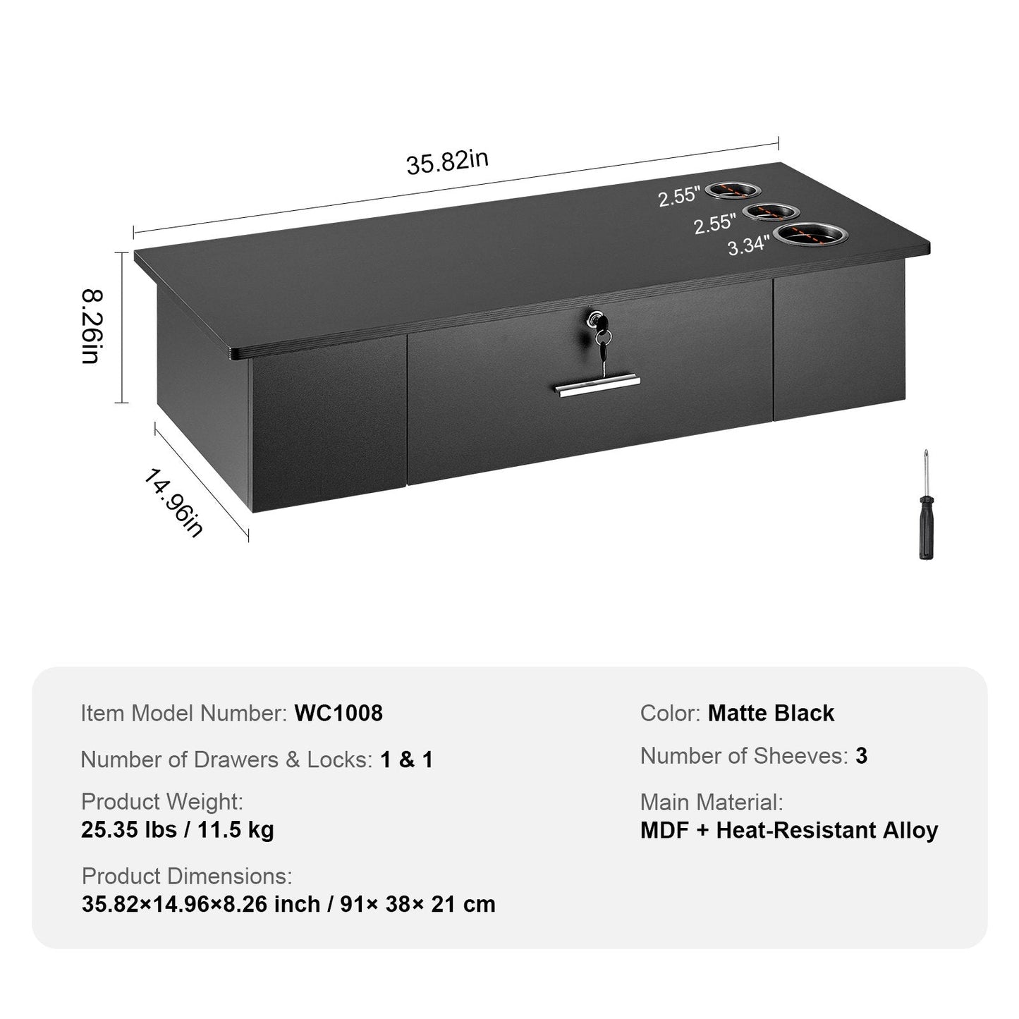 Wall Mount Styling Station with Lockable Drawer & 3 Holders, Matte Black