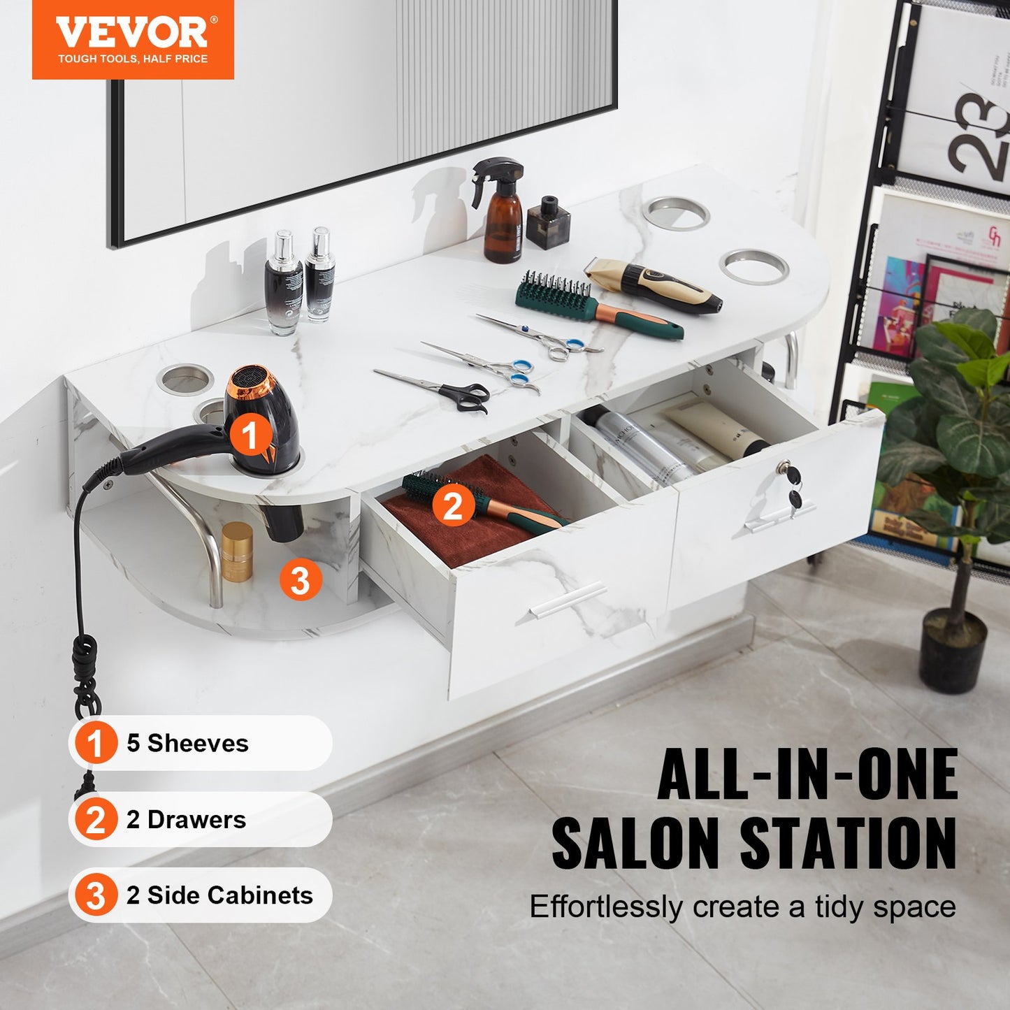 VEVOR Wall Mount Styling Station, Hair Barber Table with 5 Hair Dryer Holders, 2