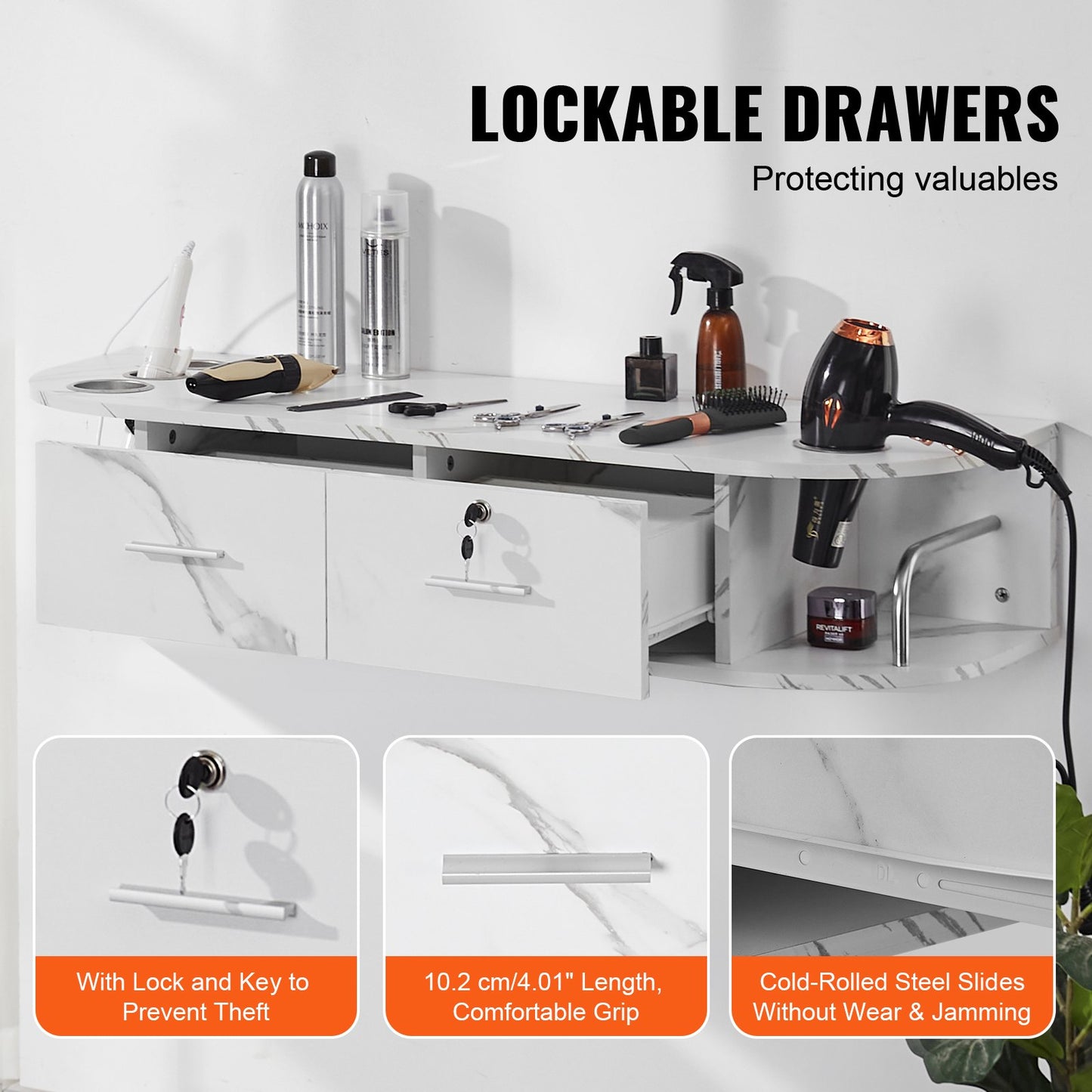 VEVOR Wall Mount Styling Station, Hair Barber Table with 5 Hair Dryer Holders, 2