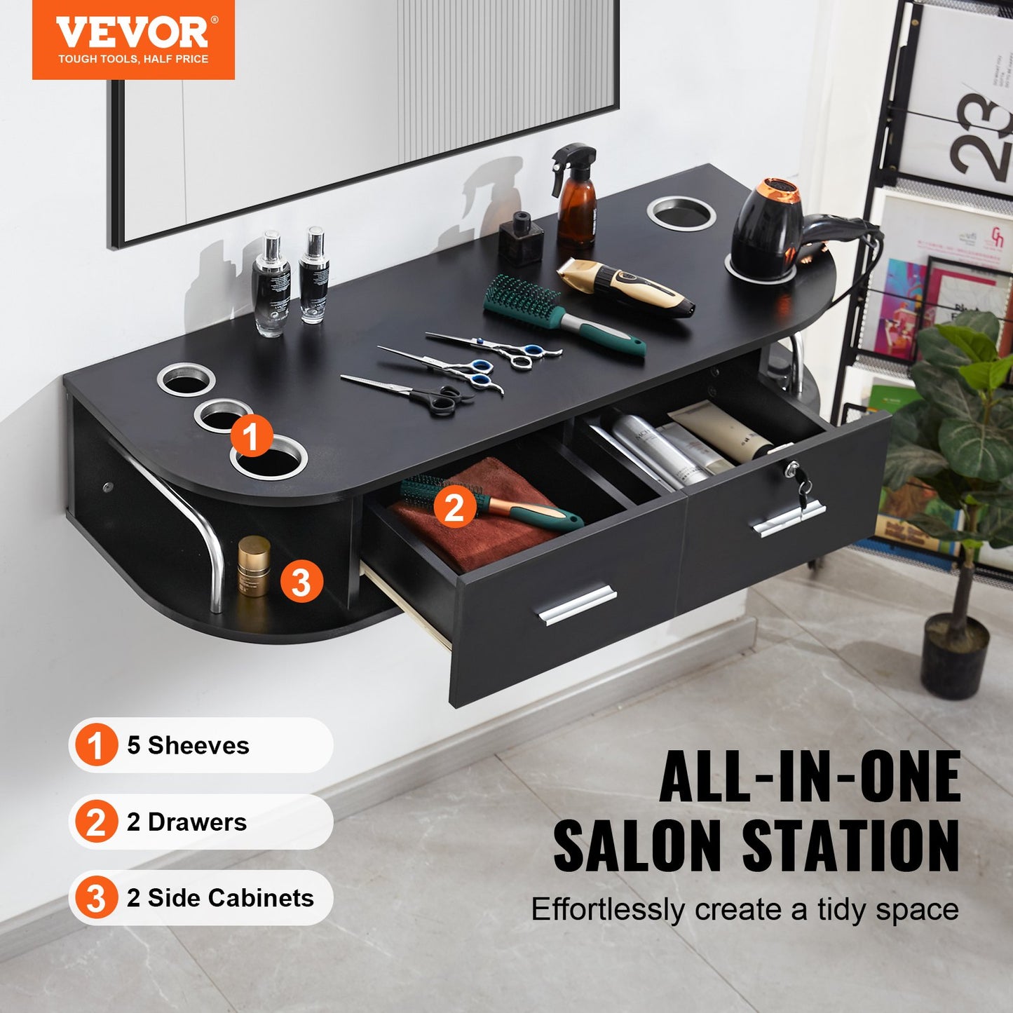 VEVOR Wall Mount Styling Station, Hair Barber Table with 5 Hair Dryer Holders, 2