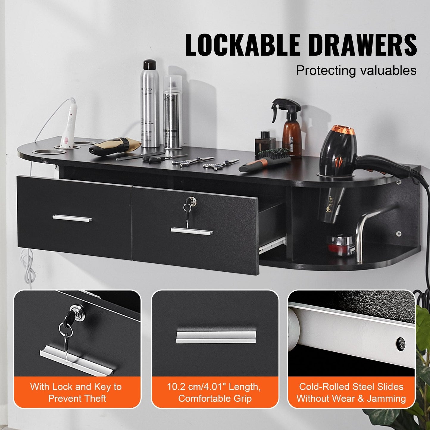 Wall-Mount Barber Station with 5 Holders & 2 Drawers, Matte Black Finish
