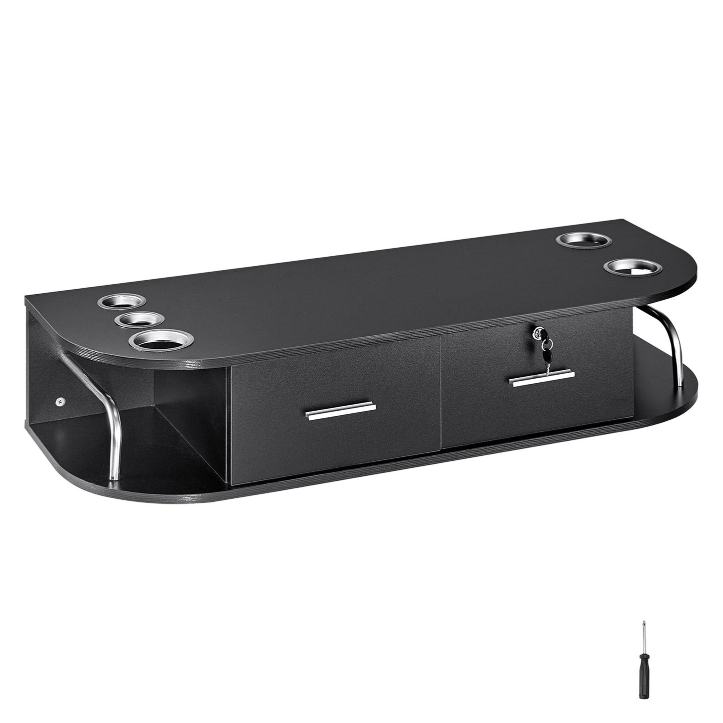Wall-Mount Barber Station with 5 Holders & 2 Drawers, Matte Black Finish